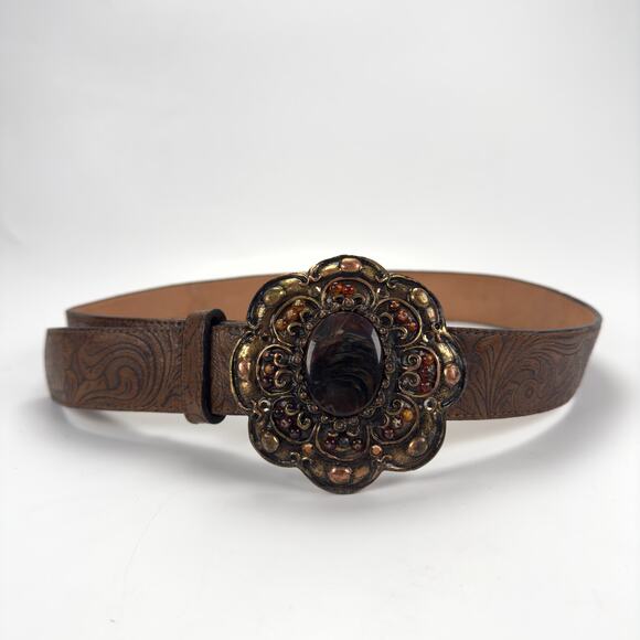 Vintage Leatherock Brown Handtooled Leather Flower Big Buckle Belt Size M - Picture 2 of 9